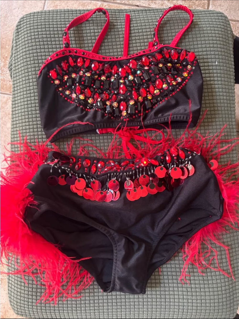 Glamour dance costume black Bra & Brief Set with Red Gem and Feather Accents